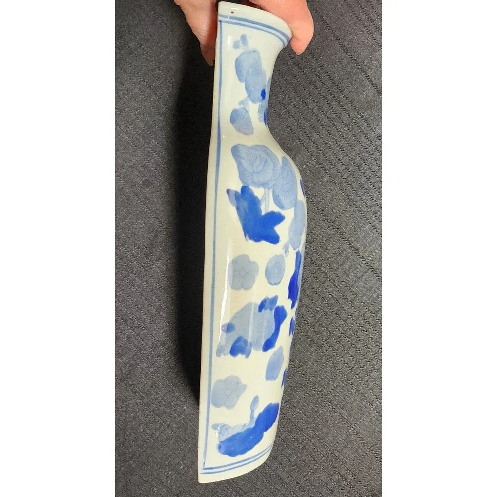 Vintage Ceramic Blue and White Floral Flat Wall Vase